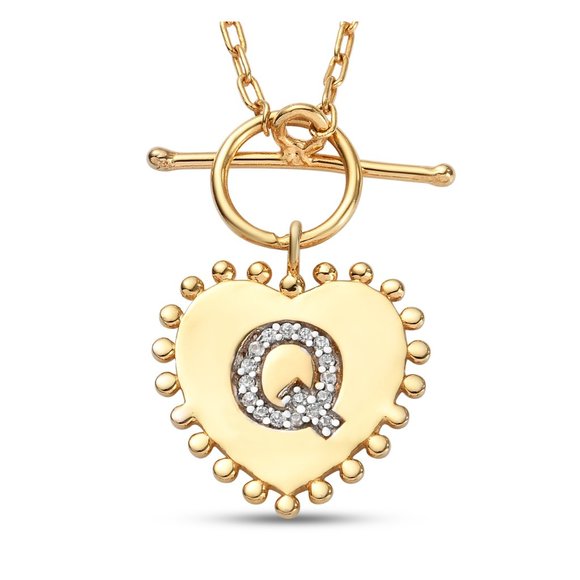 Wh Zircon Initial Q Queen Heart Toggle Clasp Necklace in gold over St. Silver - Picture 3 of 5